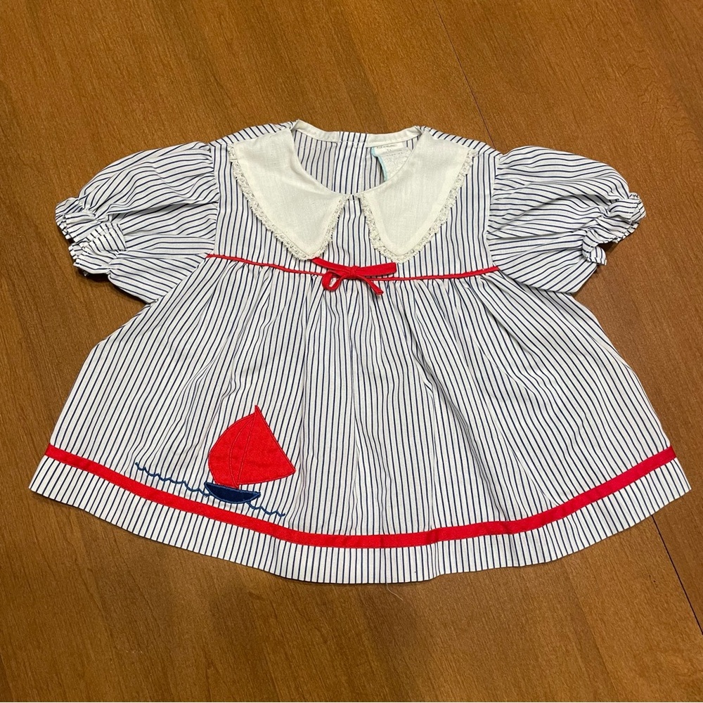Vintage Striped Nautical Baby Girl 18M Puff Sleeve Dress with Red Sailboat